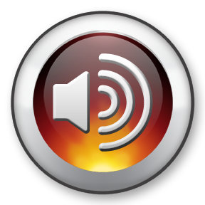 Volume icon with sound waves on a fiery background.
