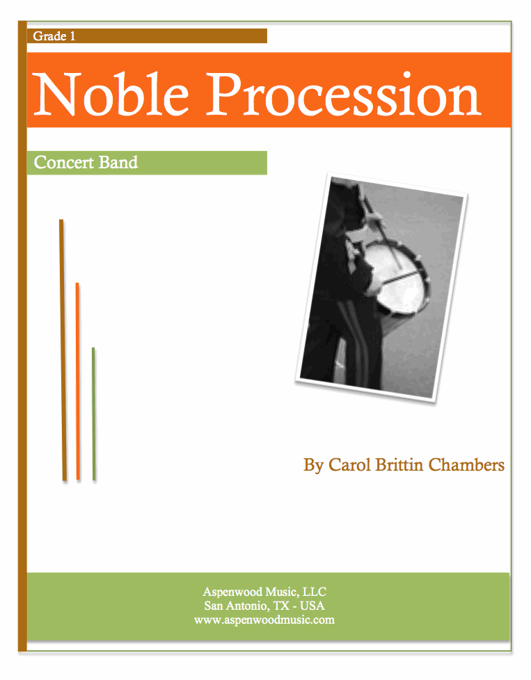 Cover of 'Noble Procession' music sheet featuring a drummer and concert band.