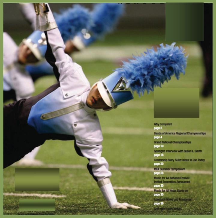 Marching band member performs a dynamic move on the field.