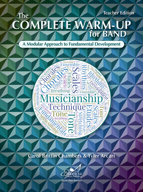 Cover of a band warm-up book featuring a circular word cloud on a textured background.