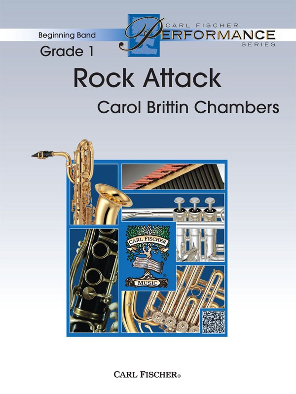 Cover of the book 'Rock Attack' by Carol Brittin Chambers with musical instruments.