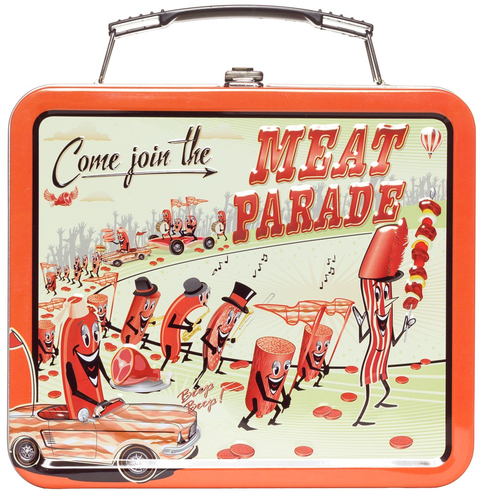 Vintage metal lunchbox with a retro 'Meat Parade' design.