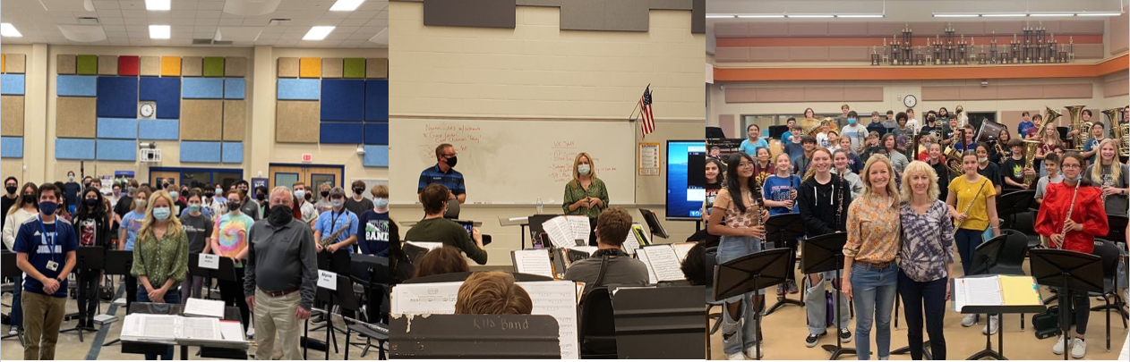 Students attending a music class with teachers in a classroom setting.