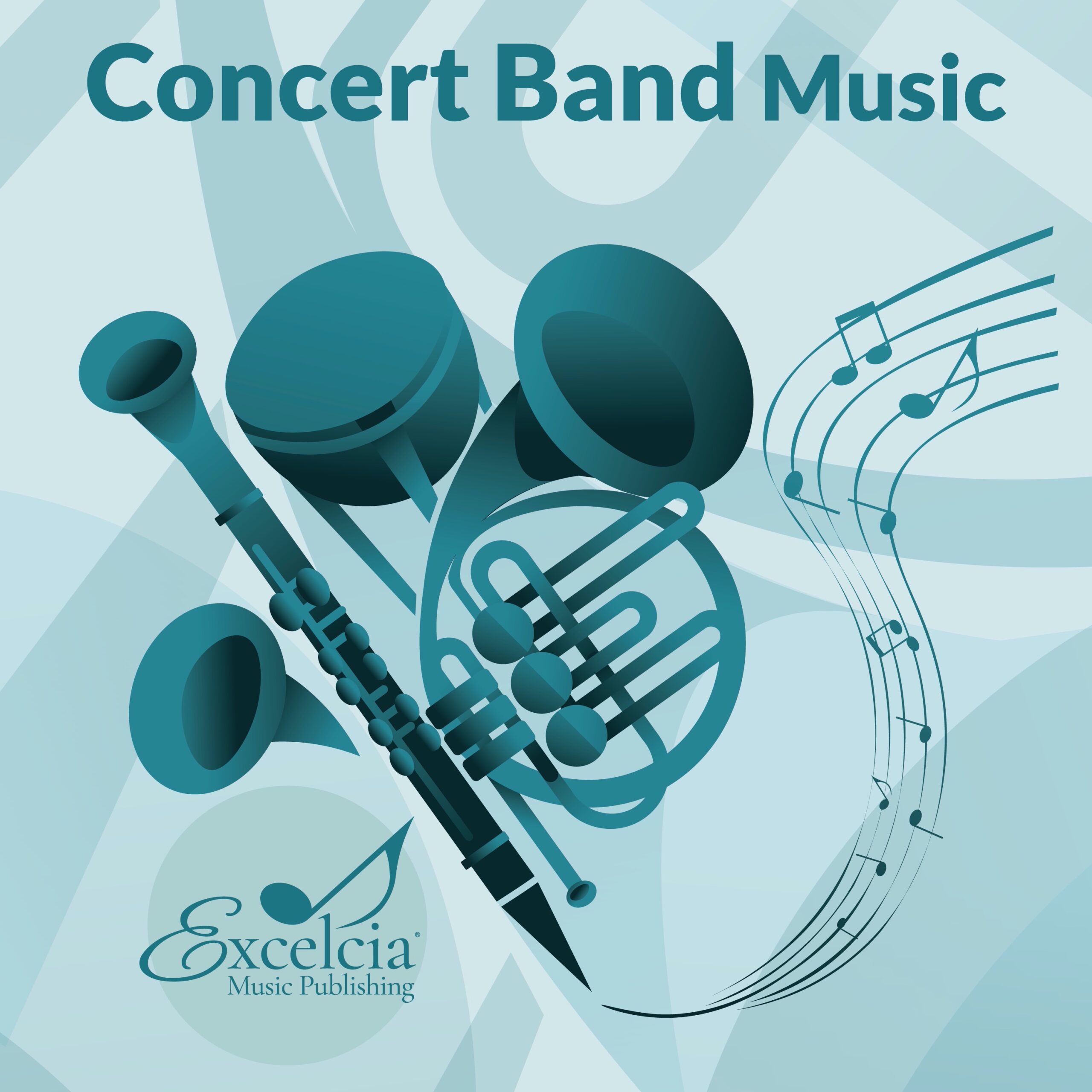 Graphic of concert band instruments with musical notes and title.
