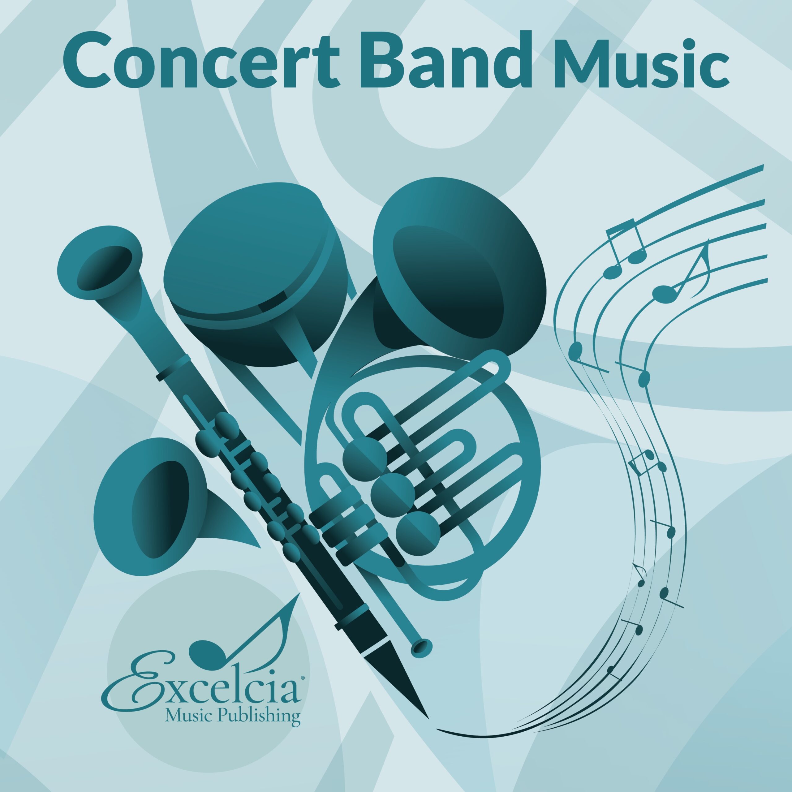 Graphic of concert band instruments with musical notes and title.