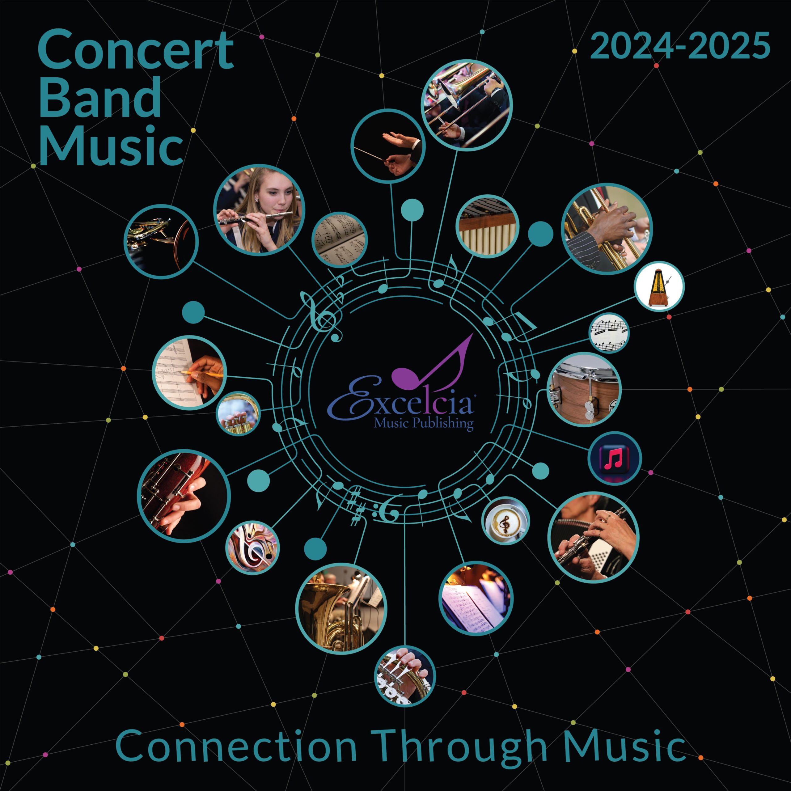 Concert Band Music 2024-2025 poster showing musicians connected through music.