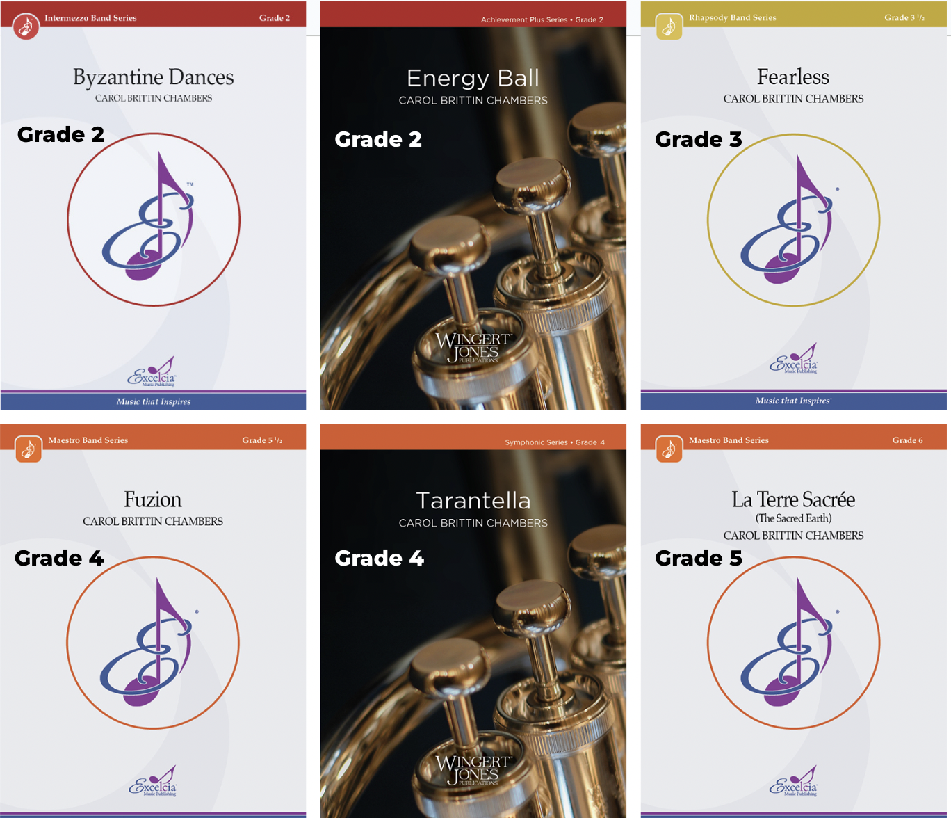 A collection of grade-level music ensemble folders featuring various instrumental pieces.